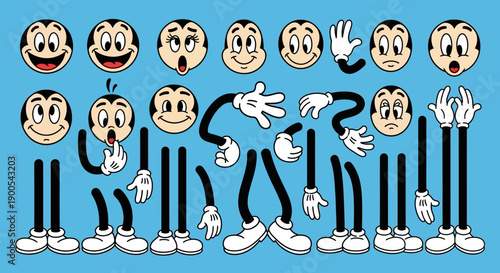 A collection of cartoon character body parts, including heads with various expressions, arms, and legs, designed for animation or illustration.