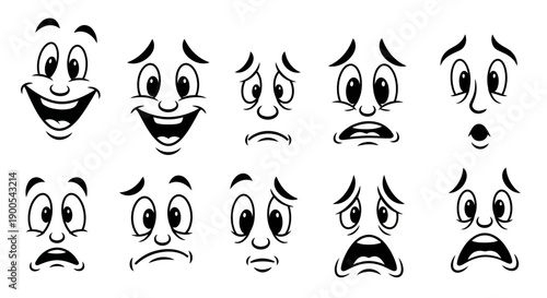A collection of ten cartoon facial expressions showing a range of emotions from happiness to sadness and fear.