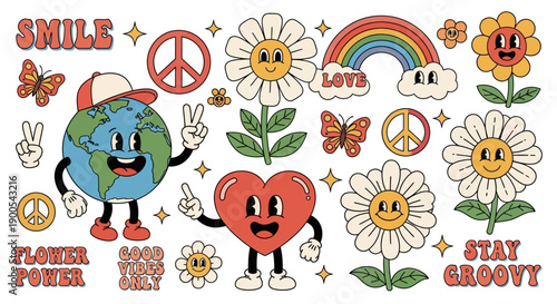 Retro 70s groovy cartoon characters including Earth, heart, and flowers with peace signs and rainbows.