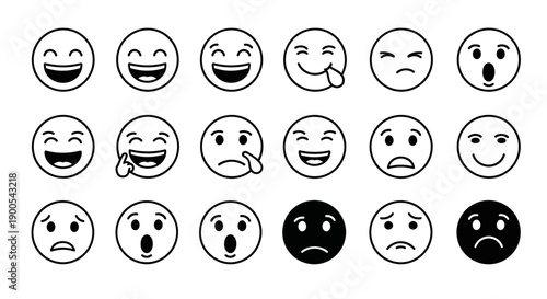 A collection of 20 diverse emoji faces, showcasing a range of emotions from joy and laughter to sadness and surprise, presented in a clean, black and white line art style.