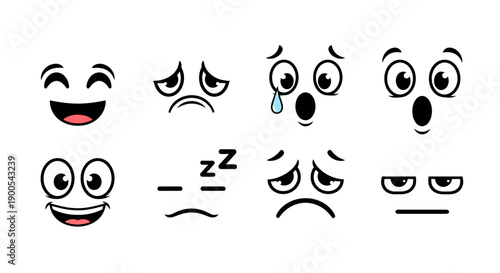 A collection of eight cartoon facial expressions, depicting a range of emotions from joy to sadness and sleepiness.