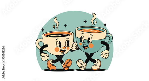 Two vintage cartoon coffee cups with faces and arms walking together happily.