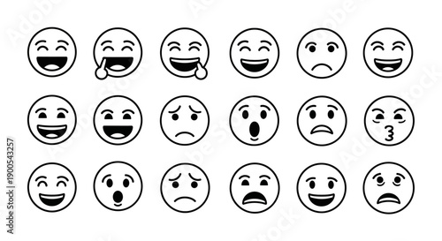 A collection of cartoon-style emoji faces expressing various emotions in a black and white line drawing.