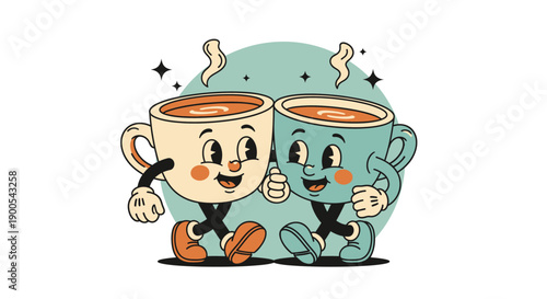 Two vintage cartoon coffee cups walking together with steam rising from their tops.