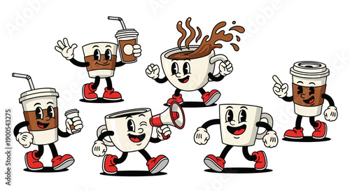 A collection of cartoon coffee cups and mugs with arms and legs, some holding drinks and one with a megaphone.