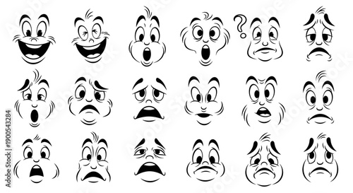 A collection of 20 cartoon face illustrations depicting a wide range of human emotions and expressions.