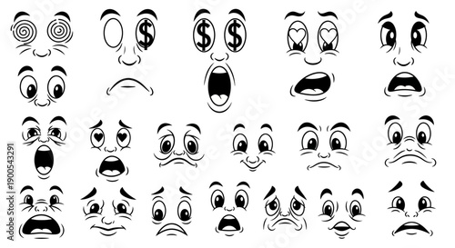Collection of 25 Hand-Drawn Cartoon Faces Expressing Various Emotions and States of Mind.