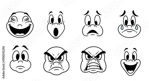 A collection of eight cartoon faces expressing a variety of emotions, including joy, surprise, sadness, anger, and fear.