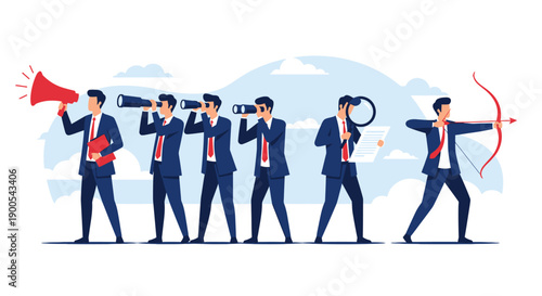 A team of businessmen working together with a megaphone, binoculars, and a bow and arrow, symbolizing teamwork and strategy.
