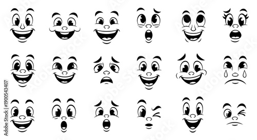 A collection of 20 cartoon facial expressions, showcasing a variety of emotions and moods.