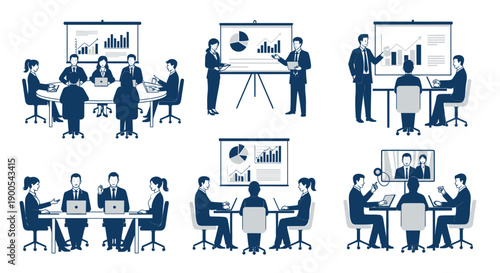 Collection of business meeting scenes, including presentations, discussions, and video conferences, illustrating corporate collaboration and strategy.