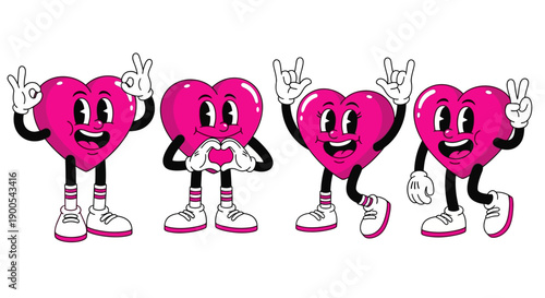 Four cartoon hearts with arms and legs in different poses, one making a heart shape with its hands.