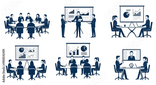 Collection of six illustrations depicting various business meeting scenarios, including presentations and discussions.
