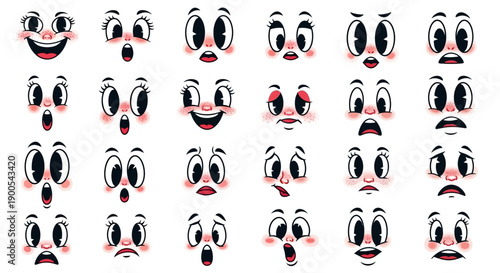 A collection of 24 cartoon faces with various expressions, rendered in a retro animation style.
