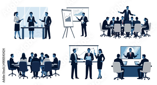 A collection of six illustrations depicting various business meeting scenarios, including presentations, discussions, and video conferences.