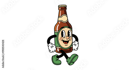 A vintage cartoon illustration of a happy beer bottle character with arms and legs walking.