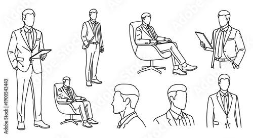 Collection of line art illustrations depicting men in business attire in various poses, including standing and seated positions, as well as close-ups of their upper bodies and heads.