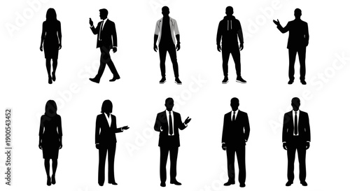 A collection of diverse silhouette figures of men and women in various professional and casual poses, presented against a white background.