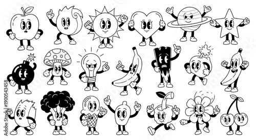 A collection of vintage cartoon characters representing various objects and food items, drawn in a classic black and white animation style.