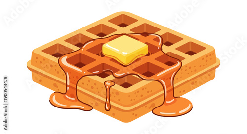Delicious waffle with melting butter and syrup on white background