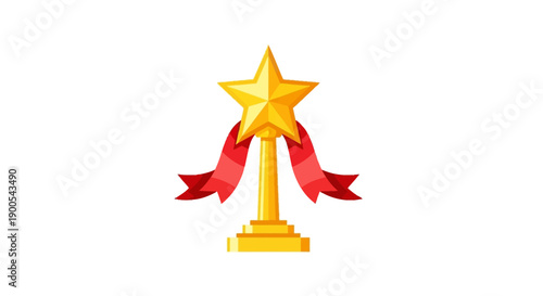 Golden star trophy with red ribbons on white background