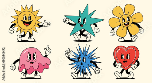 A collection of six retro cartoon characters, including a sun, star, flower, ghost, sea urchin, and heart, all with expressive faces and limbs.