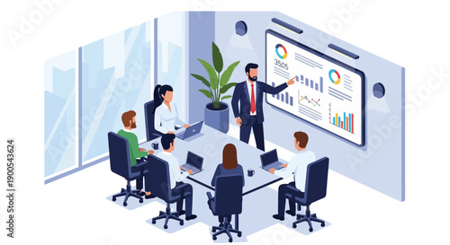 A business meeting in a modern office with a presenter explaining charts on a large screen to colleagues.