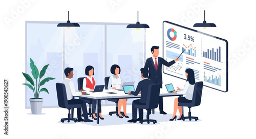 A diverse group of professionals in a modern office setting actively participating in a business meeting, with a presenter pointing to data on a large screen.