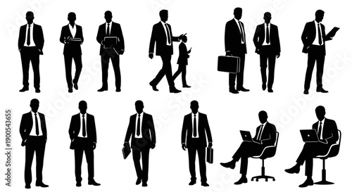 Collection of Silhouettes of Businessmen in Various Poses and Attire, Depicting Professionalism and Corporate Life.