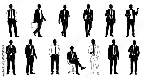 Collection of silhouette illustrations of businessmen in various poses and attire, showcasing professional and formal wear.