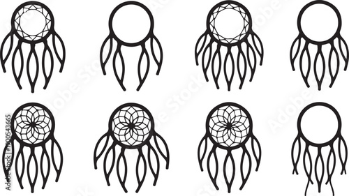 Eight black line dreamcatchers with geometric webs