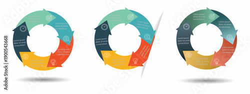 Circle with 5 arrows 3 different diagram infographic set. Business concept with 5 steps or options. . Process chart, cycle diagram for business presentation, report, brochure.