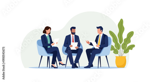 Three professionals in business attire are seated in chairs, engaged in a discussion, with documents in hand and a potted plant nearby.
