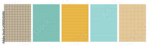 Lined and checkered sheets of colorful paper. Blank pages of school notebook. Background paper texture. Vector illustration.