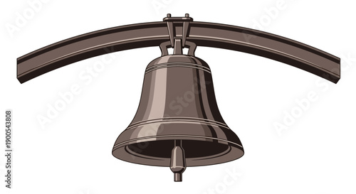 Vintage bronze bell with curved support on white background