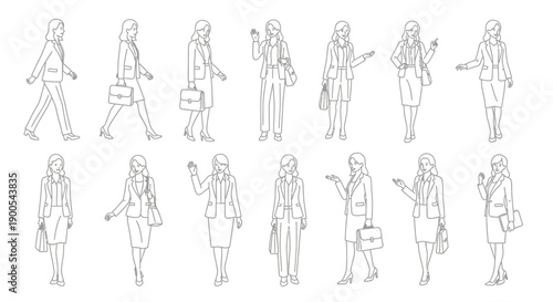 Collection of Line Art Illustrations Depicting Women in Business Attire in Various Poses.