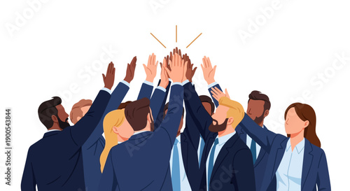 A diverse group of professionals in business attire high-fiving in celebration of a shared success.