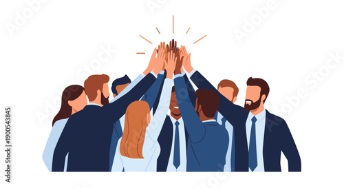 A diverse group of professionals celebrating a successful achievement with a high five.