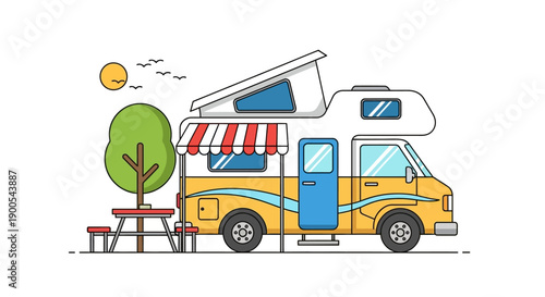 Colorful vector illustration of camper van with picnic setup