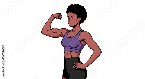 Confident woman flexing muscles in athletic wear illustration