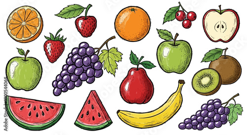 A vibrant collection of hand-drawn fruits including oranges, strawberries, grapes, apples, pears, bananas, kiwis, watermelon, and cherries.