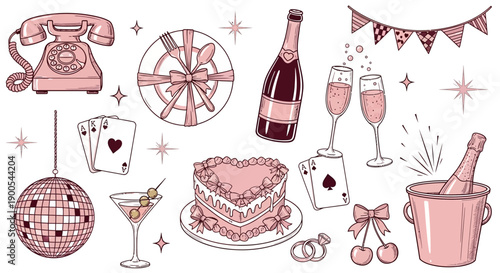 A charming collection of pink-themed party and celebration elements, featuring champagne, a heart cake, disco ball, and vintage telephone, on a white background.