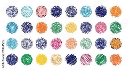 A collection of colorful hand-drawn scribble circles with various textures and patterns, isolated on a white background, useful as graphic design elements.