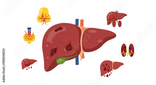 Illustration of human liver anatomy with medical details on white background