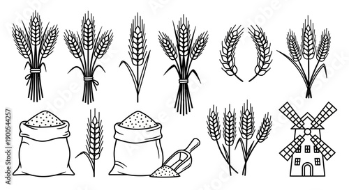 Black and white line art illustrations of wheat bundles, grain sacks, and a traditional windmill, depicting harvest and milling processes.