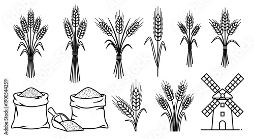 Obraz na plátně Black and white line art illustrations of wheat bundles, grain sacks, and a traditional windmill, depicting agricultural elements