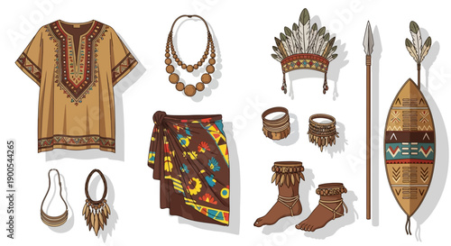 Traditional Tribal Clothing and Accessories with Cultural Patterns