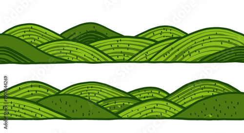 Stylized green rolling hills landscape illustration with textured fields.