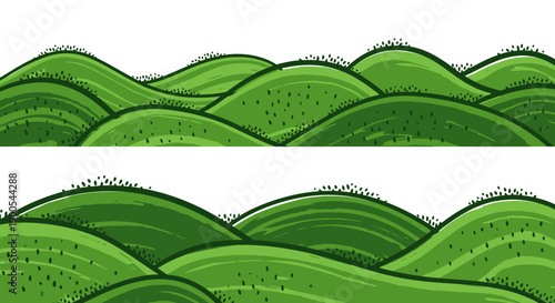Green rolling hills landscape illustration with textured grass on a white background.