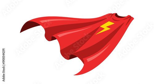 Red superhero cape with lightning bolt emblem isolated on white
